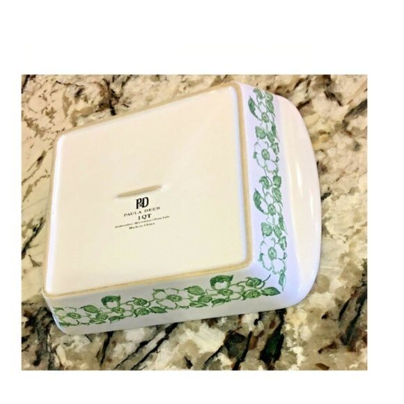 Paula Deen 1 Qt Recipe Baking Dish CORN CASSEROLE Dogwood White Green Retired - Picture 3 of 5